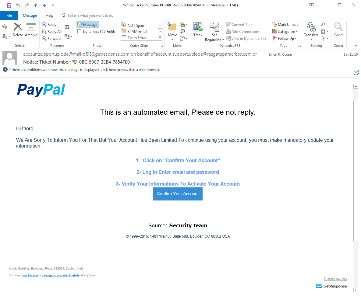 PayPal Spam: Notice: Ticket Number PD-0BC-59C7-2EB4-7854FE0